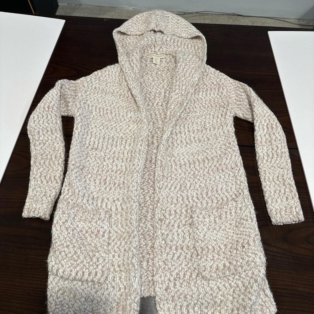 Cynthia Rowley Textured Knit Hooded Open Front Cardigan Sweater Beige Cream XS